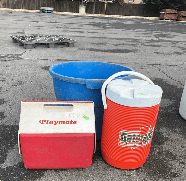 Poly. In, beverage dispenser, playmate cooler, items are damaged