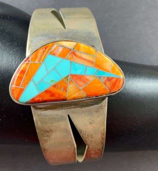 Sterling silver Brian Bruce spiny oyster and turquoise bracelet , 34 ...