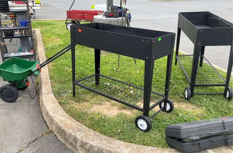Metal planter with under shelf 37 X 15.5 baths 31 inches tall.