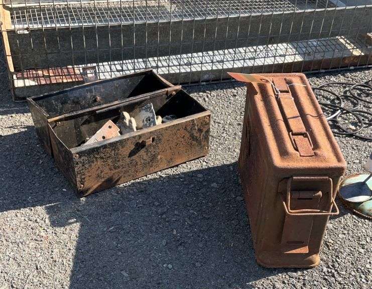 Ammo box(rusty), small metal box with hinges(some rust as well)