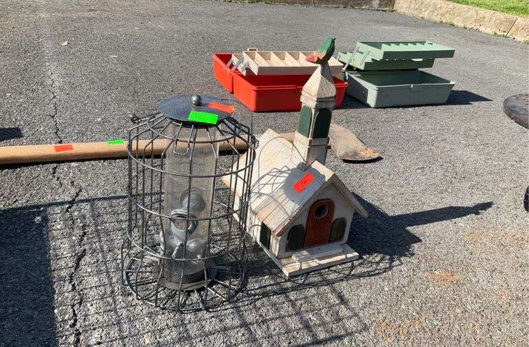 Chapel bird house, wire caged bird feeder