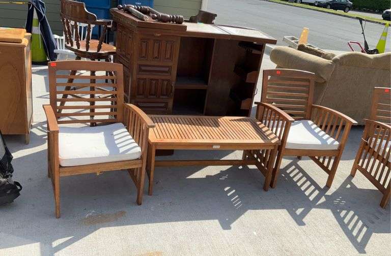 Three piece Safavieh set, two chairs with cushions and table, table is 38.5”x19.5”x17”