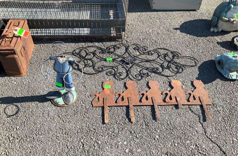 Metal works decor, cat themed yard edging, farm man