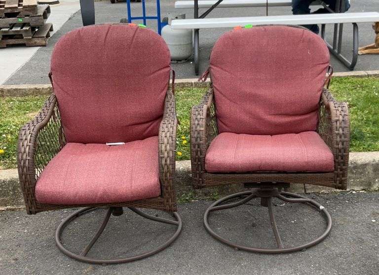Pair of swivel sunroom chairs, metal and faux wicker, strap loose