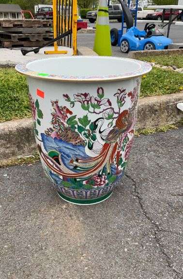 Ceramic Oriental themed vase, with cranes/floral art design, 14”opening x 19”high