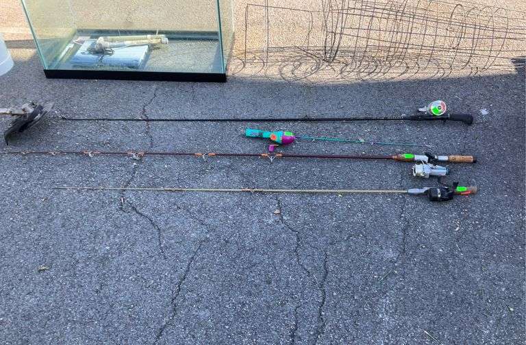 Fishing poles, three adult rods, one child’s