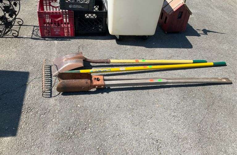 Square head shovel, gravel rake, post hole digger