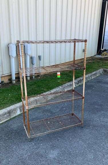 Four tier wire shelf unit, 54”H x 26”L x 14”W, some rust