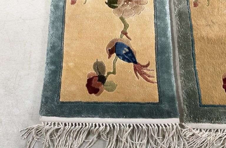 Japanese Latch Rug Pair of matching Asian decor accent latch hook rugs with fringed ends ...