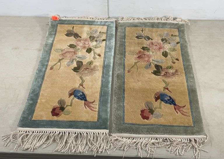 Japanese Latch Rug Pair of matching Asian decor accent latch hook rugs with fringed ends ...