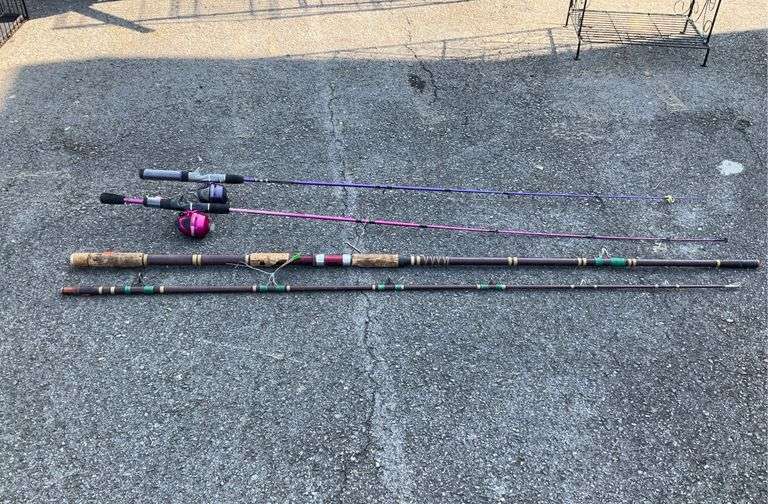Three fishing poles, two with reels, the other is cork style but some peeling of cork