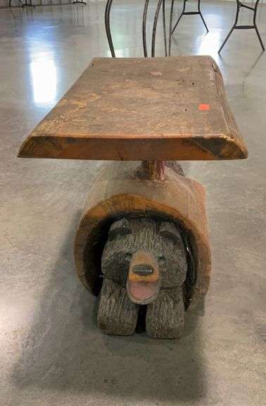 Carved wood bear Log themed cabin table 2’3”x1’5”x1’10”tall - Hash Auctions