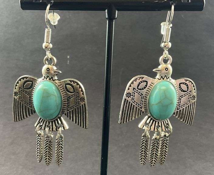 Thunderbird Leather Turquoise Hoop Earrings Branded Steerhead with Rhinestone Dangle main image 1