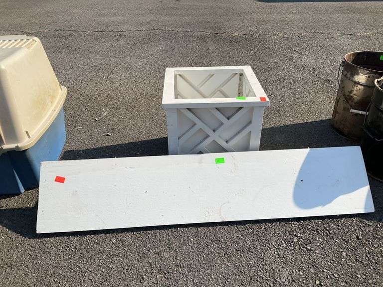 Poly planter frame 11x11”opening, wooden wall shelf 44”L