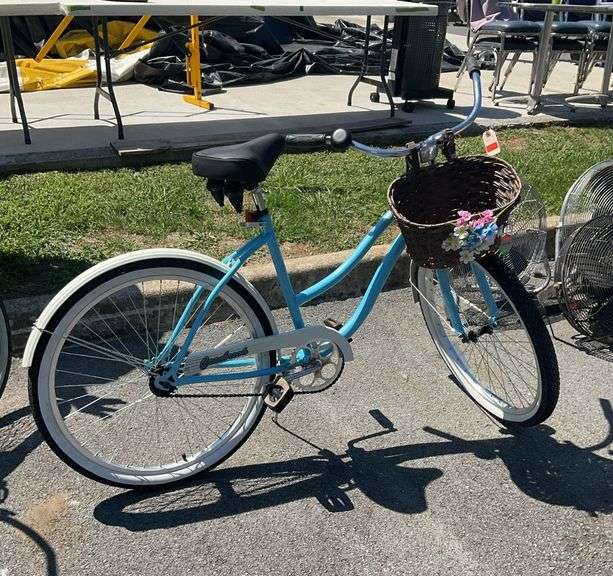 Huffy bike, cranebrook beach cruiser ed., wide rubber grip handlebars, newly attached floral theme basket, bell, whitewall tires 26x2.125, with brand new Blackburn wide bottom seat, and new inner tubes in tires, white fender, ready to condition