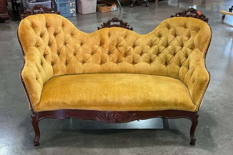 French Prov Parlor Loveseat, gold color button tuffed upholstery ...