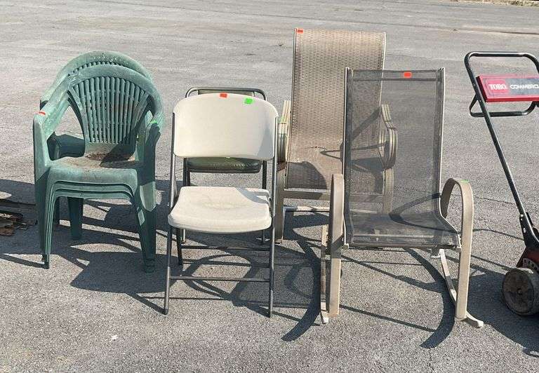Lot of various outdoor chairs,folding rocking and stationary, condition as shown
