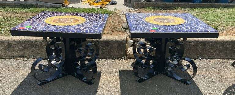Pair of mosaic sunflower side tables, metal bases, 20”square