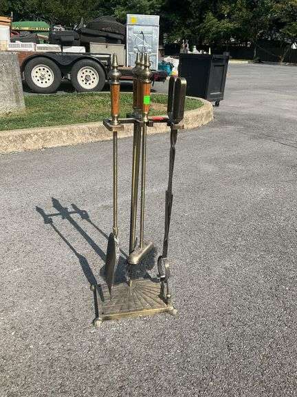 Brass fireplace tools with stand, stand is missing some parts