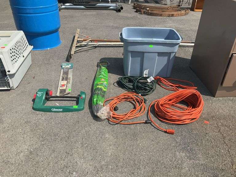 Poly bin with extension cords, vigor landscape fabric, universal mower blade, gilmour sprinkler
