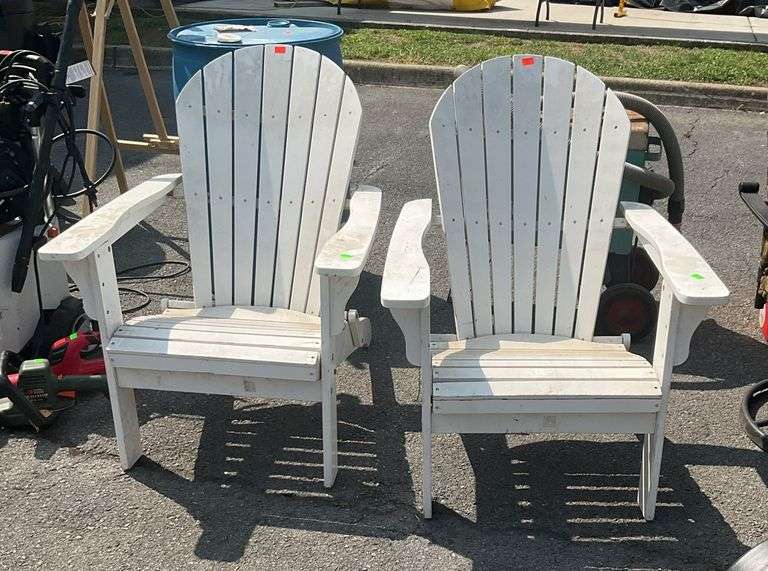 Pair of folding adirondack chairs, slatted back/bottom, wooden body, they need tightened and cleaned