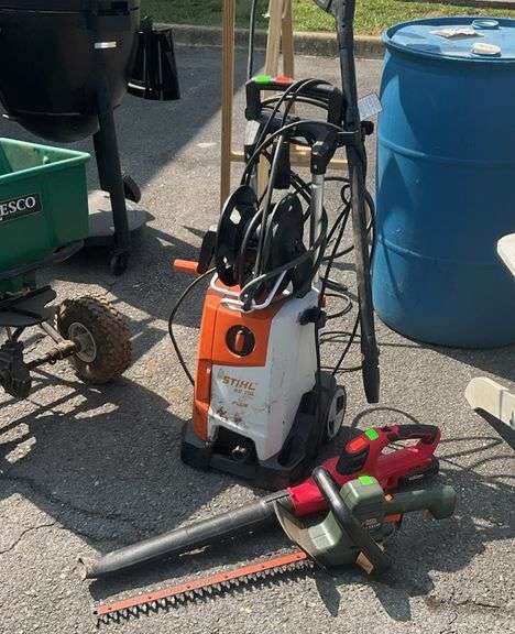 Stihl pressure washer with and hose line(non tested by Hash Auctions), hyper tough battery powered blower(no charge or charger), Black&Decker electric hedge trimmer, all items non tested by Hash Auctions