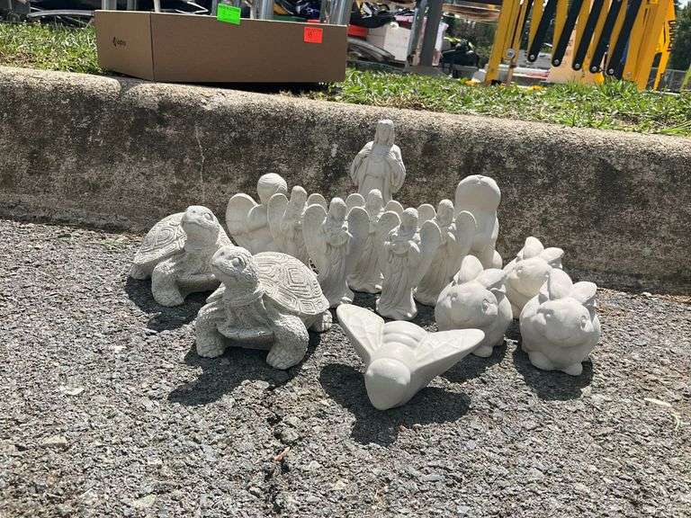 Concrete figurines, 1-6”H, turtles, angelic harp players, Jesus, bunnies and cherub