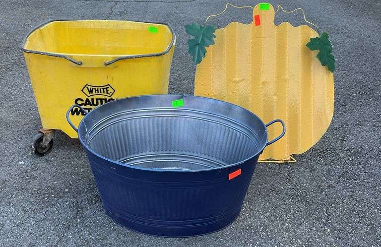 Pumpkin yard decoration, metal two handle tub(15”W x 18”L), poly mop bucket