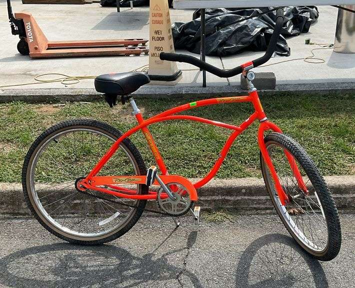 Caloi bike, rio-Cruz ed. wide foam grip handlebars, wide bottom seat, ultra hot color scheme, wide style pedals, brakes work and tires have air, ready to ride condition