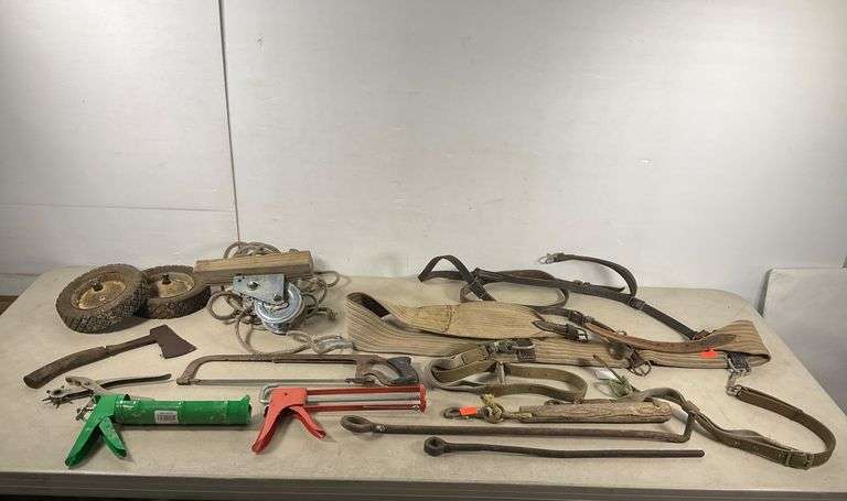 Hand Tools Ropes Assorted Tools and Gear, Including Belt Harness, Rope Pulley System ...
