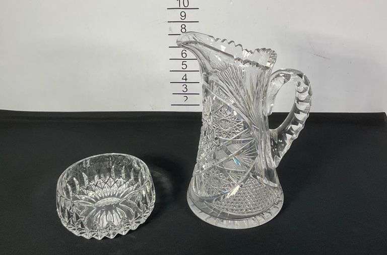 Cut Glass Crystal Pitcher and Crystal Bowl with Intricate Designs ...