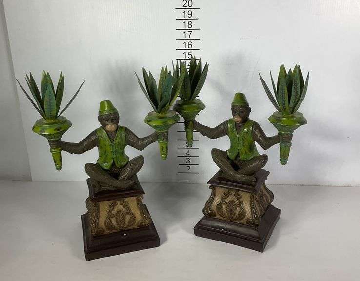 Pair of Monkey Figurines Holding Faux Succulent Arrangements on Wood ...