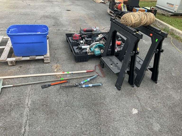 Stanley Plastic Sawhorses, Braided Rope, Hedge Clippers, Gravel Rake, and Squeegee