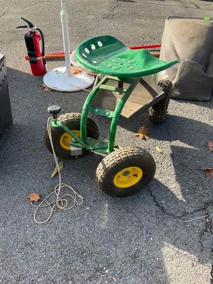 Green Gardening Cart with Adjustable Seat and Yellow Wheels