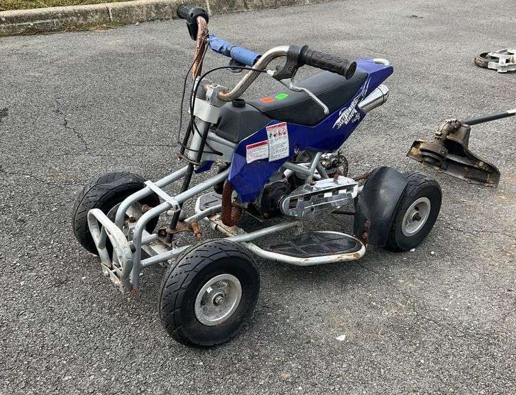 Compact Motorized Mini Quad Bike with Blue Body and Steel Frame, For Parts To Harvest or Restoration.
