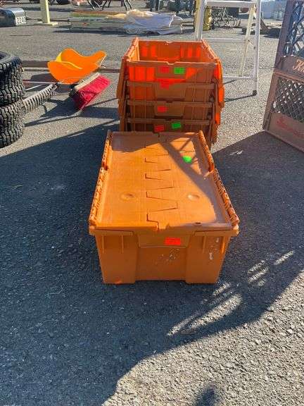 Five Orange Stackable Lidded Plastic Totes - Hash Auctions