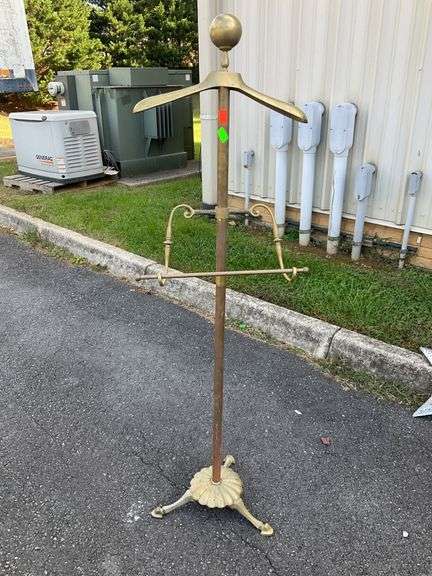 Brass Valet Stand with Hanger, Ball Finial, and Tripod Base
