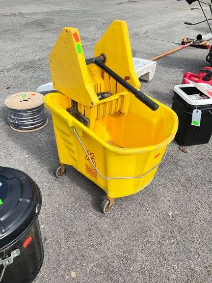 Yellow Mop Bucket with Integrated Wringer and Casters