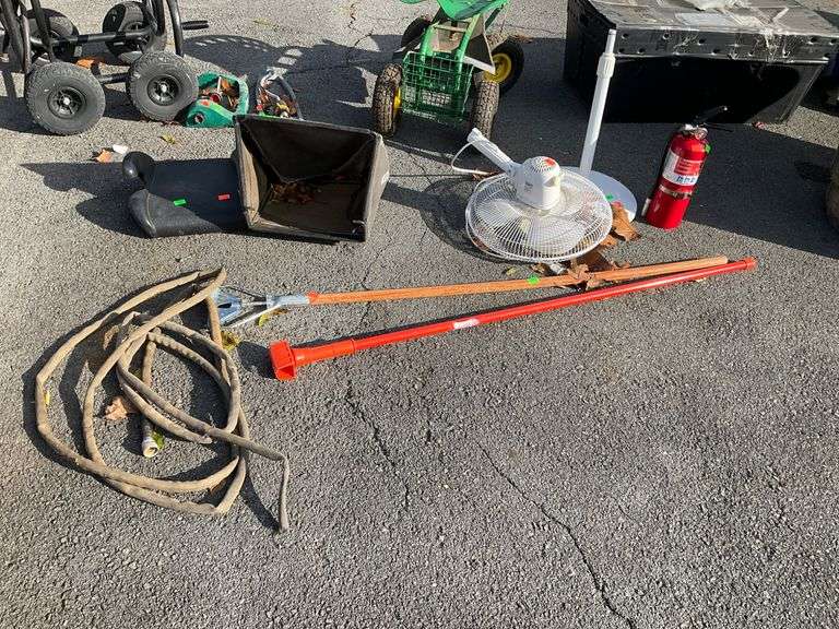 Outdoor and Garden Items Including Fan, Fire Extinguisher, and Hose