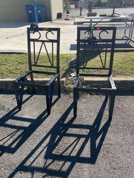 Black Metal Side Chairs with Geometric and Circular Backrest Design