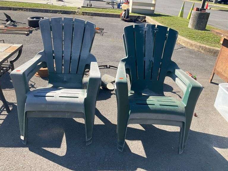 Four Stackable Plastic Patio Chairs with Damaged Headrests