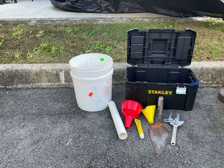 Stanley Toolbox with Assorted Tools, Funnels, and PVC Pipe Fittings