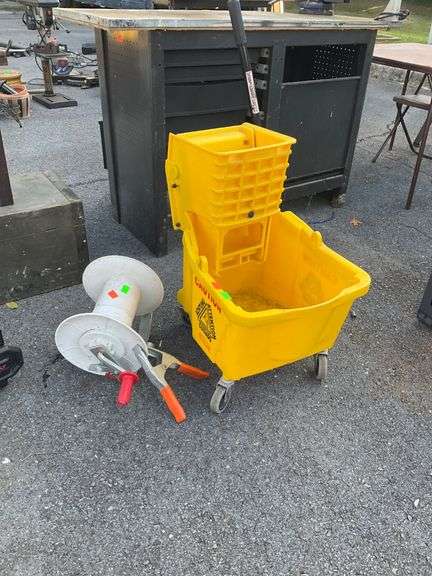 Yellow Mop Bucket with Wringer and Attached Hose Reel