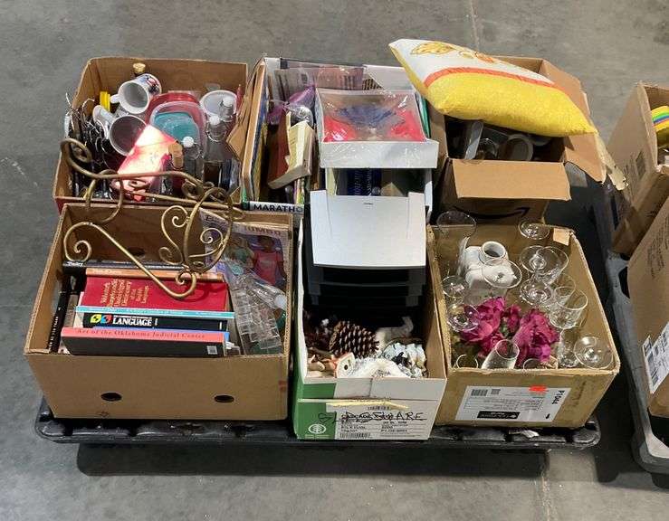 Pallet Lot with Assorted Home Goods, Books, and Glassware