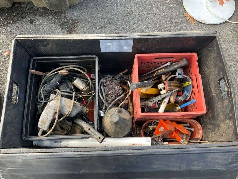 Black Storage Bin Containing Assorted Hand Tools and Power Tools