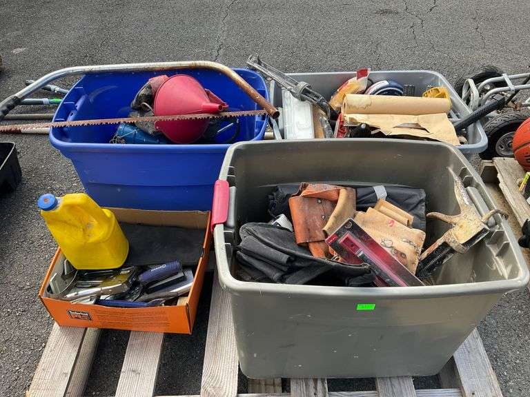 Pallet With Assorted Tools, Tool Belts, and Hardware for DIY Projects