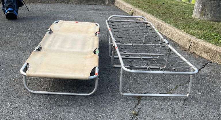 Two 6-Foot Aluminum Folding Cots, One Featuring Canvas Bed