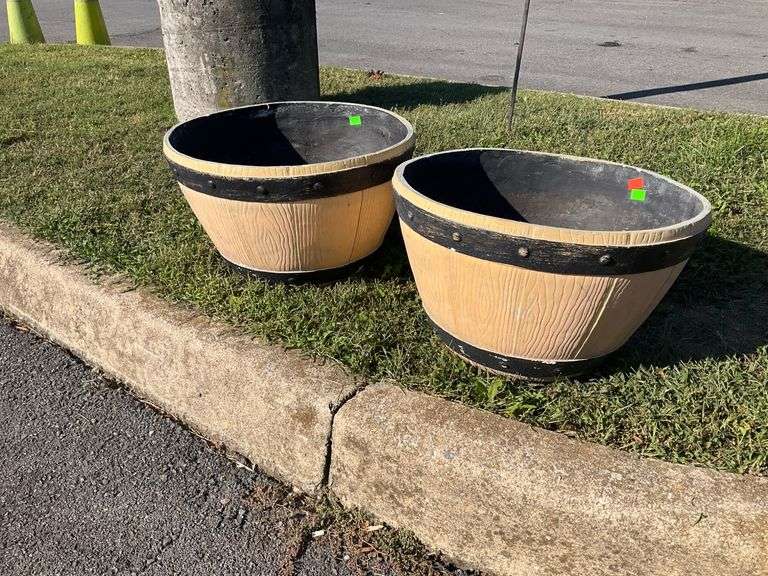 Resin Barrel-Themed Planters, 19-Inch Opening x 13-Inch Height