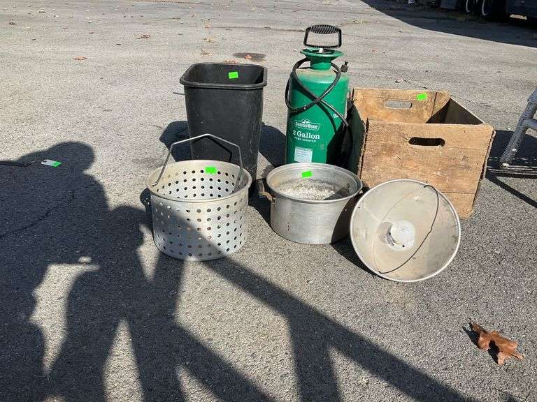 Miscellaneous Items Including GroundWork 2-Gallon Pump Sprayer and Wooden Crate