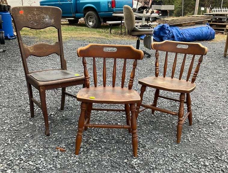 Three Mixed Dining Chairs Featuring Carved and Embossed Detailing